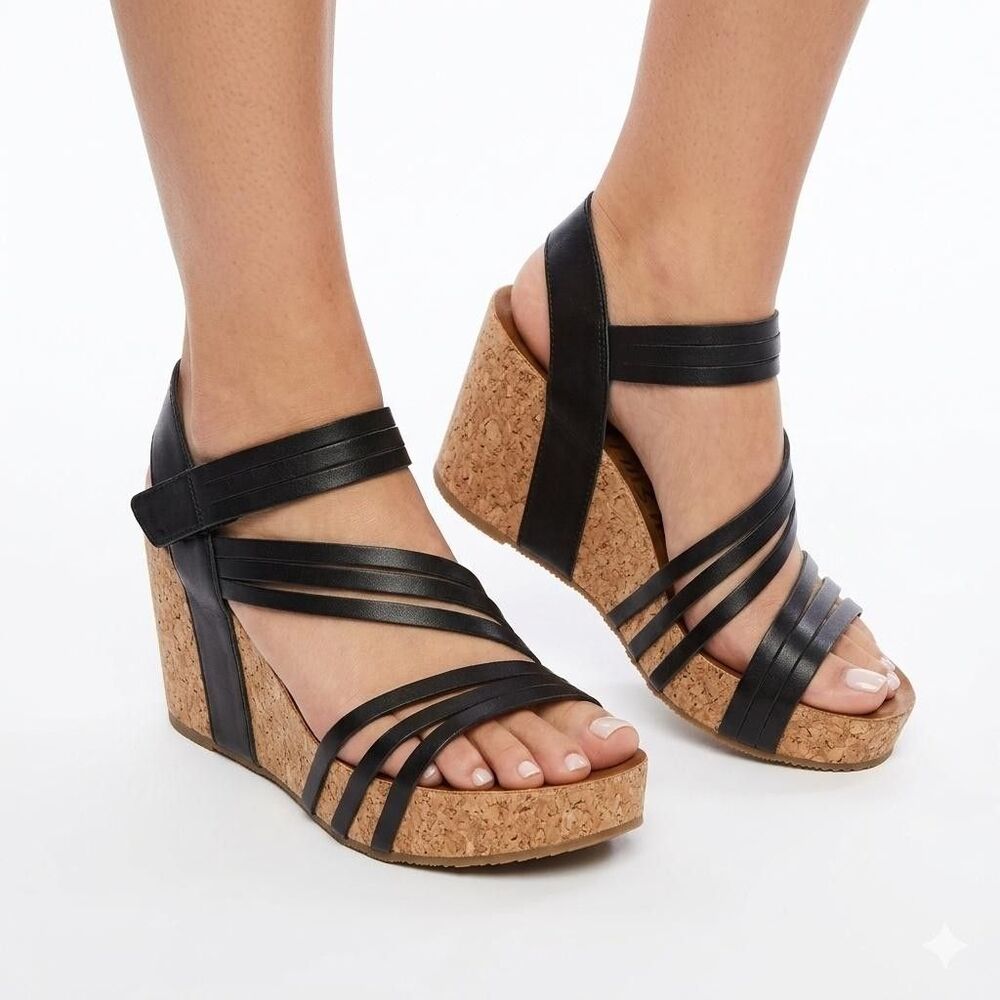 Blowfish Malibu Sandals Womens Size 8.5 Black Strappy Cork Wedge Platform Shoes